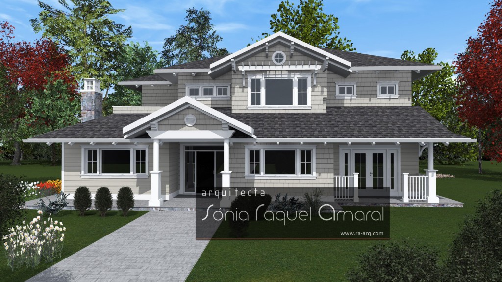 Imagem 3D de Habitação Unifamiliar - Richmond, British Columbia, Canadá: Vista frontal da casa, com a entrada principal