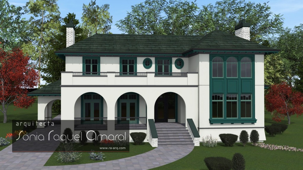 Imagem 3D de Habitação Unifamiliar - Vancouver, British Columbia, Canadá: Vista frontal da casa, com a entrada principal
