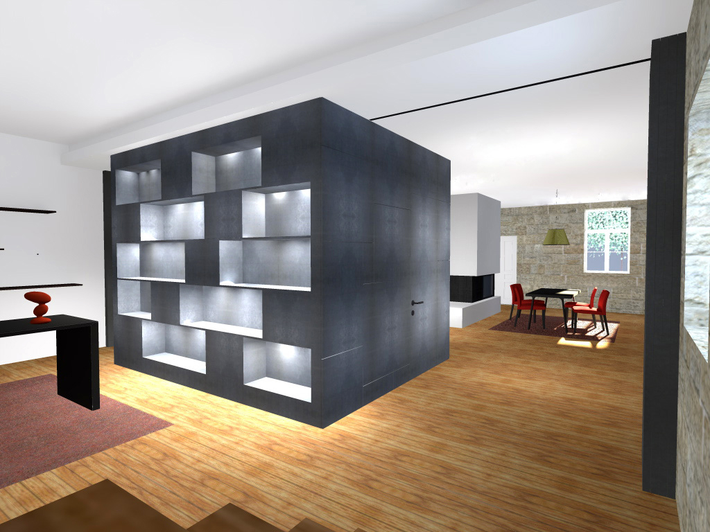 Projecto de Remodelação de Habitação Unifamiliar em Viseu: vista da circulação com volume central que define o espaço revestido em "viroc" e sala de jantar ao fundo