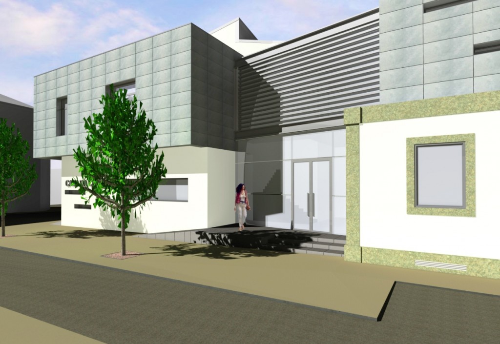Projecto de Casa da Cultura de Sátão, Viseu: Pormenor da zona de entrada, corpo em vidro que faz a ligação entre o edifício existente e a ampliação