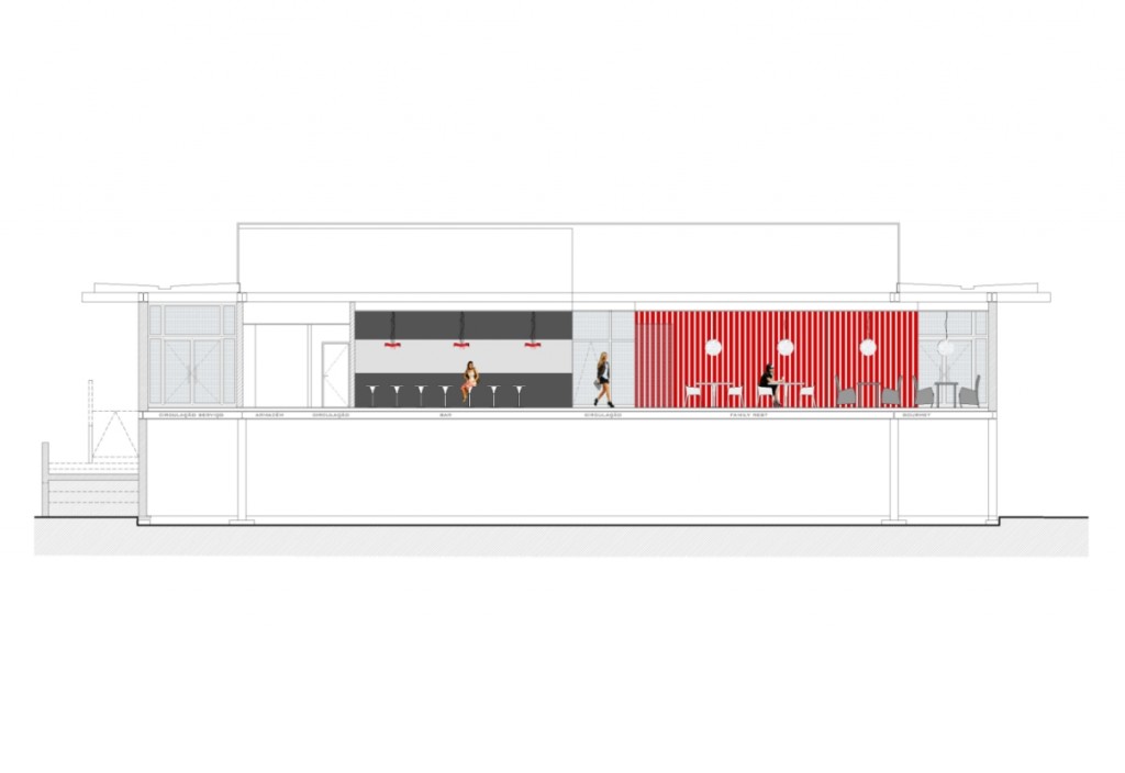 Projecto de adaptação do Pavilhão de Macau a Estabelecimento de Restauração e Bebidas em Loures: corte que mostra a zona de bar, os espaços Family Rest e Gourmet e, ao fundo, a vermelho, o volume das IS