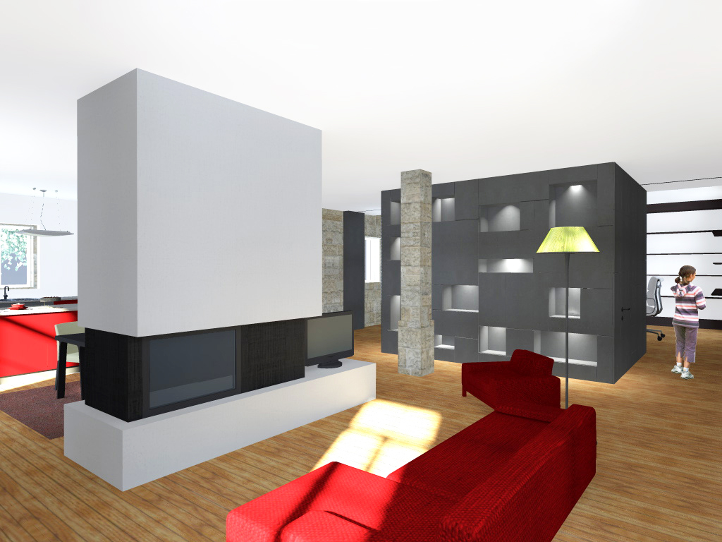 Projecto de Remodelação de Habitação Unifamiliar em Viseu: vista da sala de estar com volume central que define o espaço revestido em "viroc"