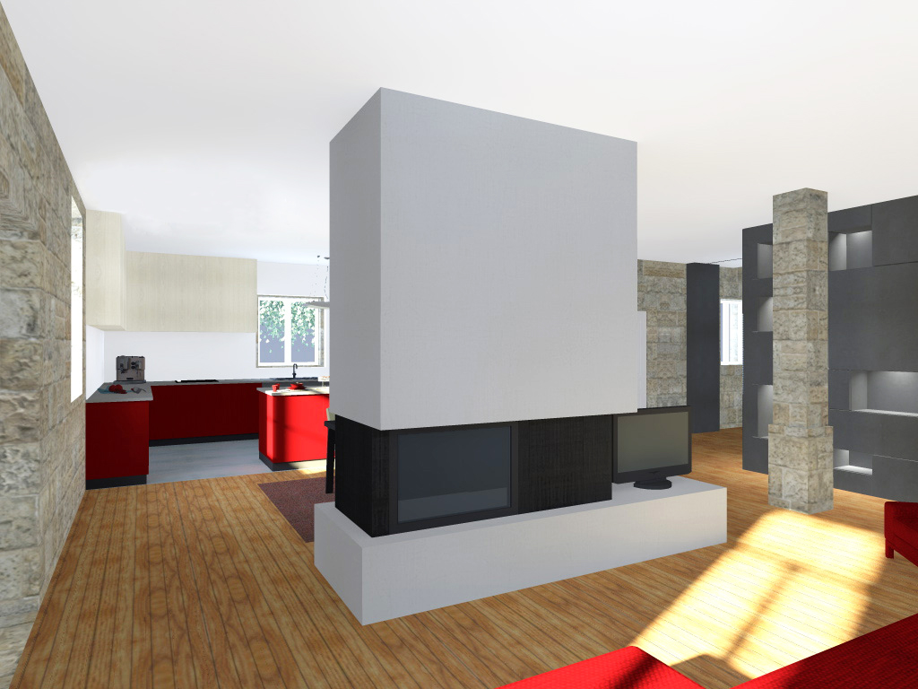 Projecto de Remodelação de Habitação Unifamiliar em Viseu: vista da sala de estar e cozinha ao fundo