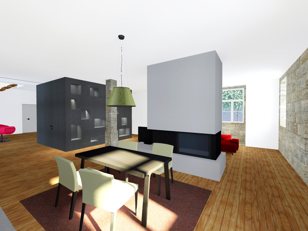 Projecto de Remodelação de Habitação Unifamiliar em Viseu: sala de refeições com volume central revestido em "viroc"