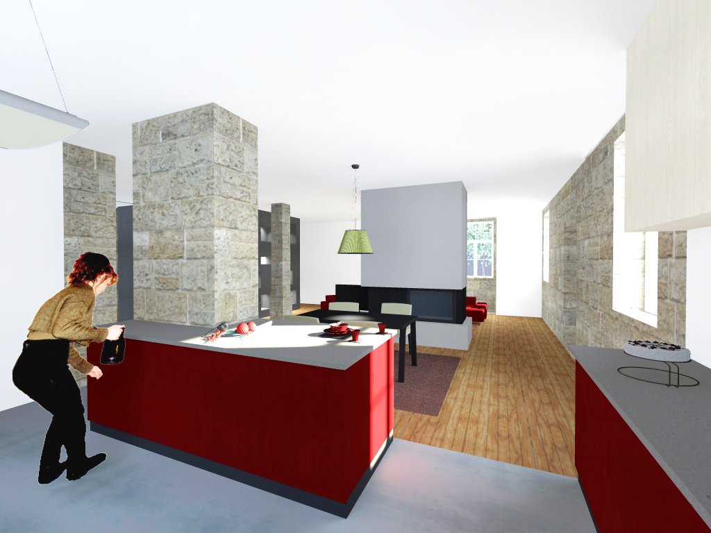 Projecto de Remodelação de Habitação Unifamiliar em Viseu: vista da cozinha e salas ao fundo