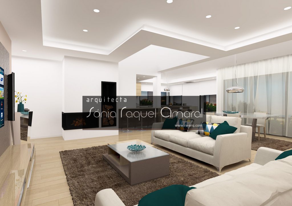 Projecto de Interiores 3D - Habitação em Paris - Issy les Moulineaux: Vista da sala de estar, com recuperado de calor e cozinha ao fundo