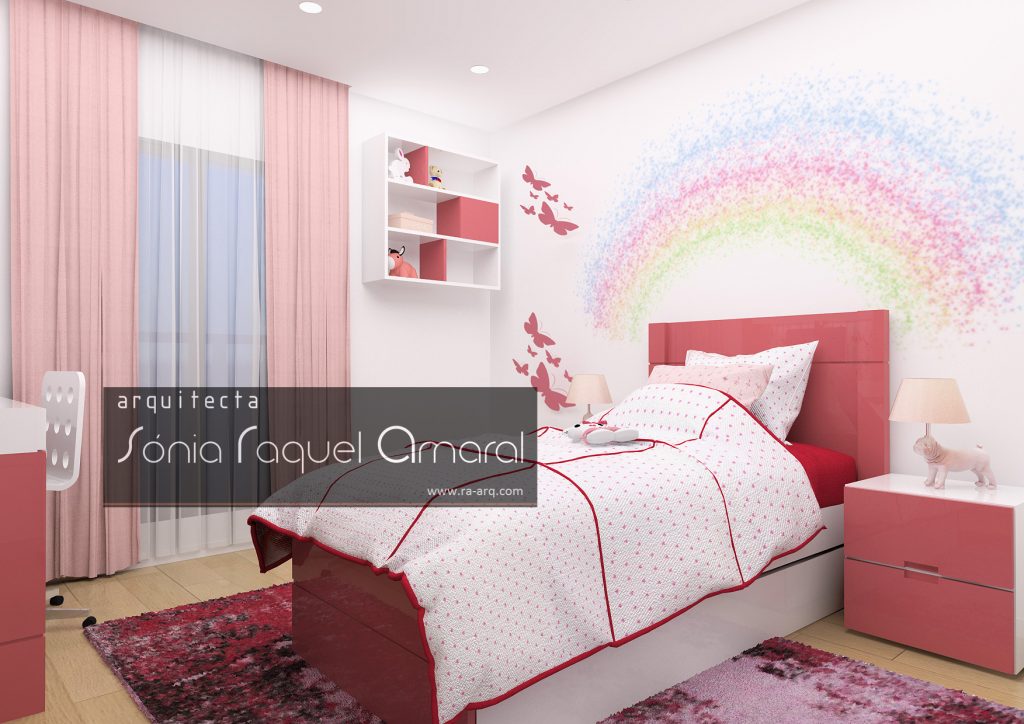 Projecto de Interiores 3D - Habitação em Paris - Issy les Moulineaux: Quarto de rapariga lacado em cor de rosa e decorado com borboletas e arco-íris