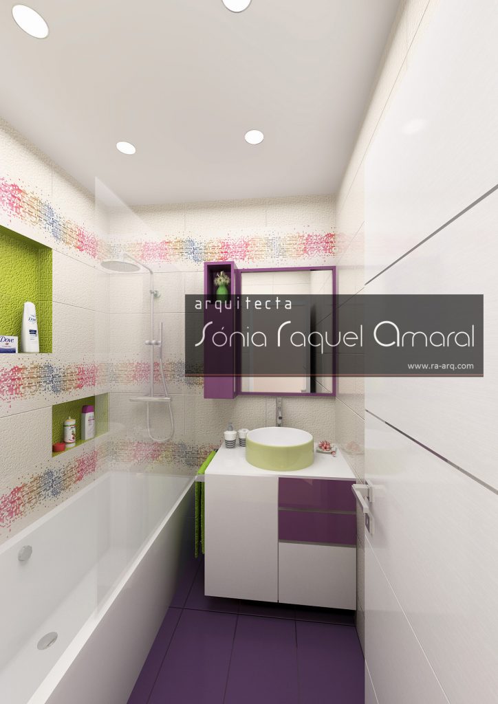 Projecto de Interiores 3D - Habitação em Paris - Issy les Moulineaux: Casa de banho de rapariga com revestimento cerâmico "Tetris" da Revigres