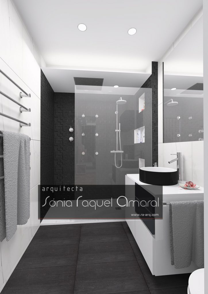Projecto de Interiores 3D - Habitação em Paris - Issy les Moulineaux: Casa de banho da suite, em tons preto e branco